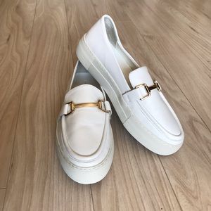 J/SLIDES White Platform Loafer with Gold Buckle